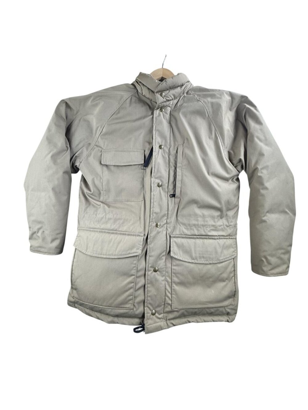 Vintage Eddie Bauer Coat Mens Medium Beige Goose Down Canvas Parka Hooded 0775